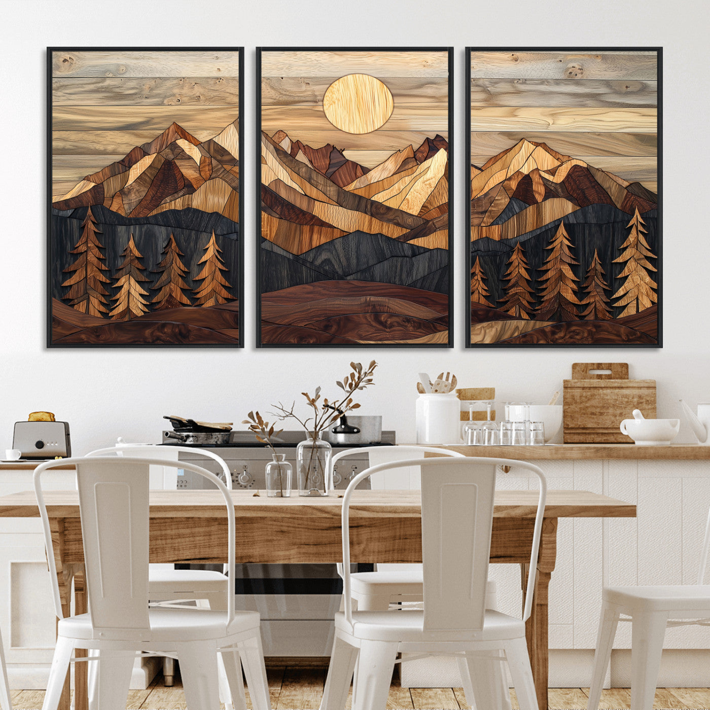MGV-FC-60X30-3P - Wood Mountain Landscape Wall Art Canvas Print, Framed Sunset Hills Art Picture Print, Abstract Nature Perfect Boho Decor Artwork