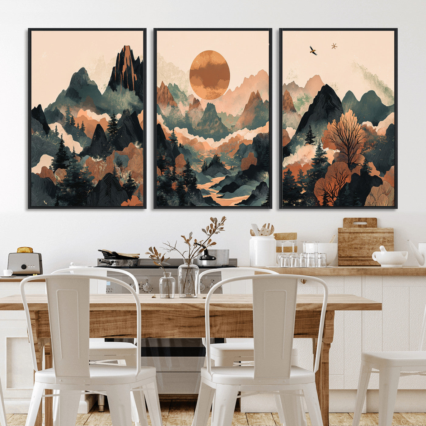 MGV-FC-60X30-3P - Wood Mountain Landscape Wall Art Canvas Print, Framed Sunset Hills Art Picture Print, Abstract Nature Perfect Boho Decor Artwork