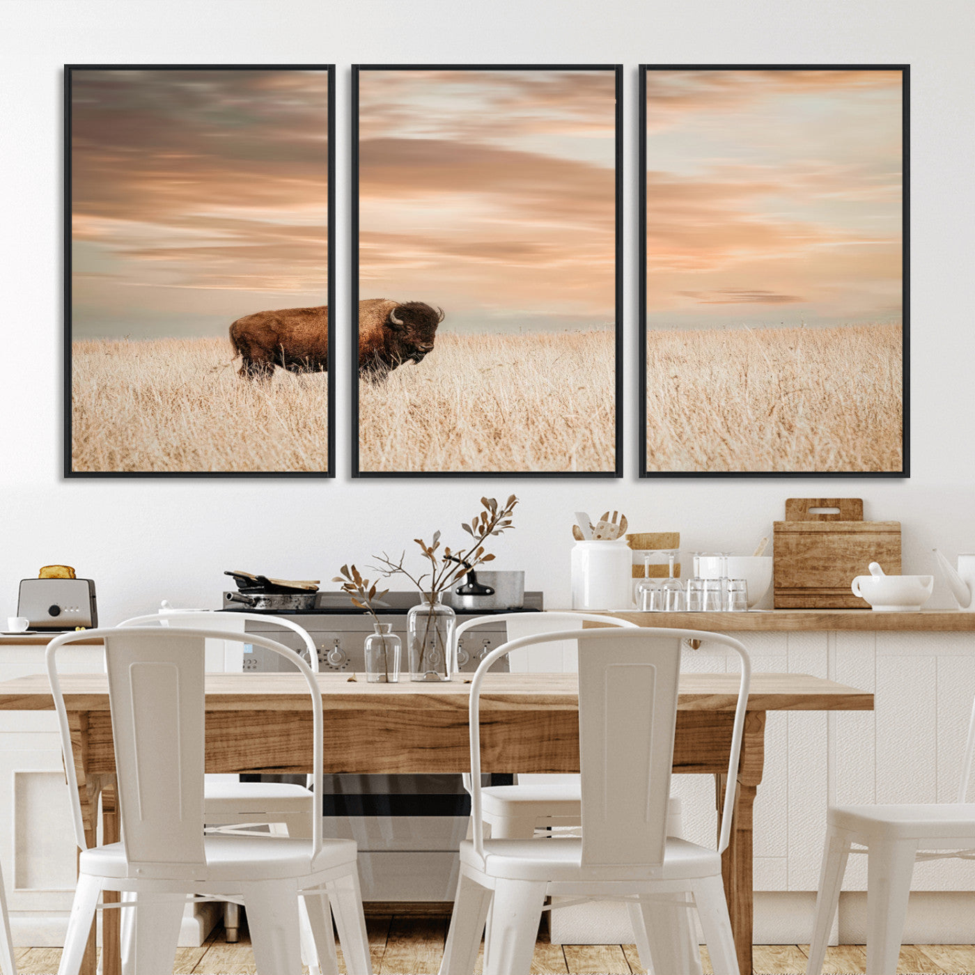 MGV-FC-60X30-3P - Bison Wall Art Canvas Print, Framed Buffalo Art Picture Print, Western Prairie Perfect Rustic Decor Artwork