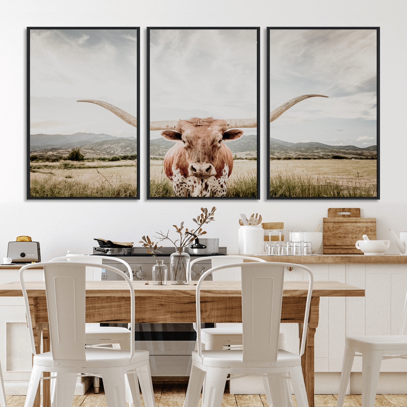 MGV-FC-60X30-3P - Texas Longhorn Wall Art Canvas Print, Framed Western Cow Art Picture Print, Rustic Farmhouse Perfect Farmhouse Decor Artwork