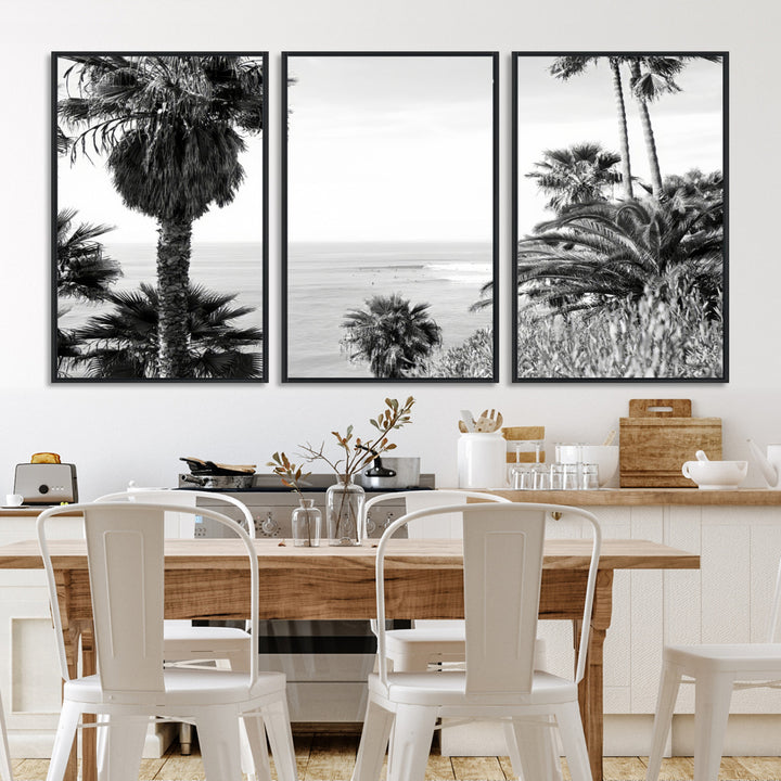 Monochrome canvas of palm trees framing a coastal surf scene, perfect for California-inspired or retro black-and-white beach decor.