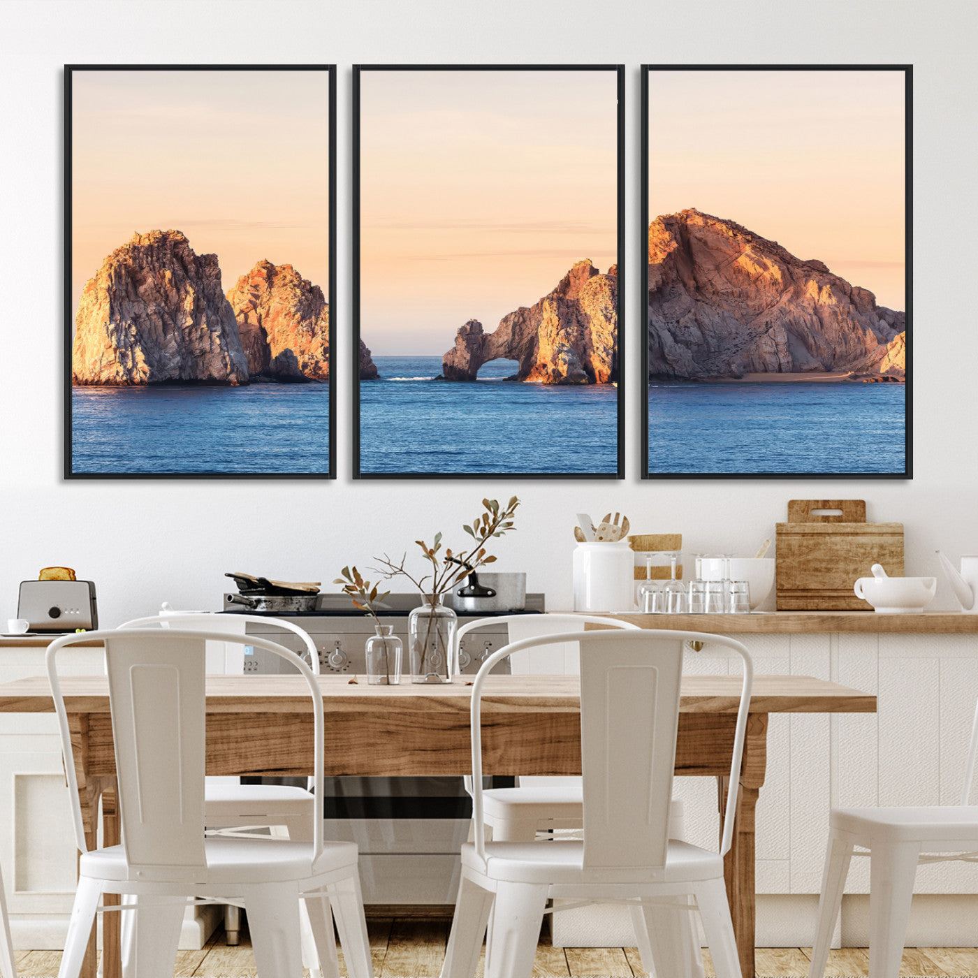 72996116-MGV-FC-60X30-3P-El Arco Wall Art Canvas Print, Framed Cabo Rocks Art Picture Print, Ocean Arch Perfect Golden Coastal Landmark Decor, The Arch Canvas Print
