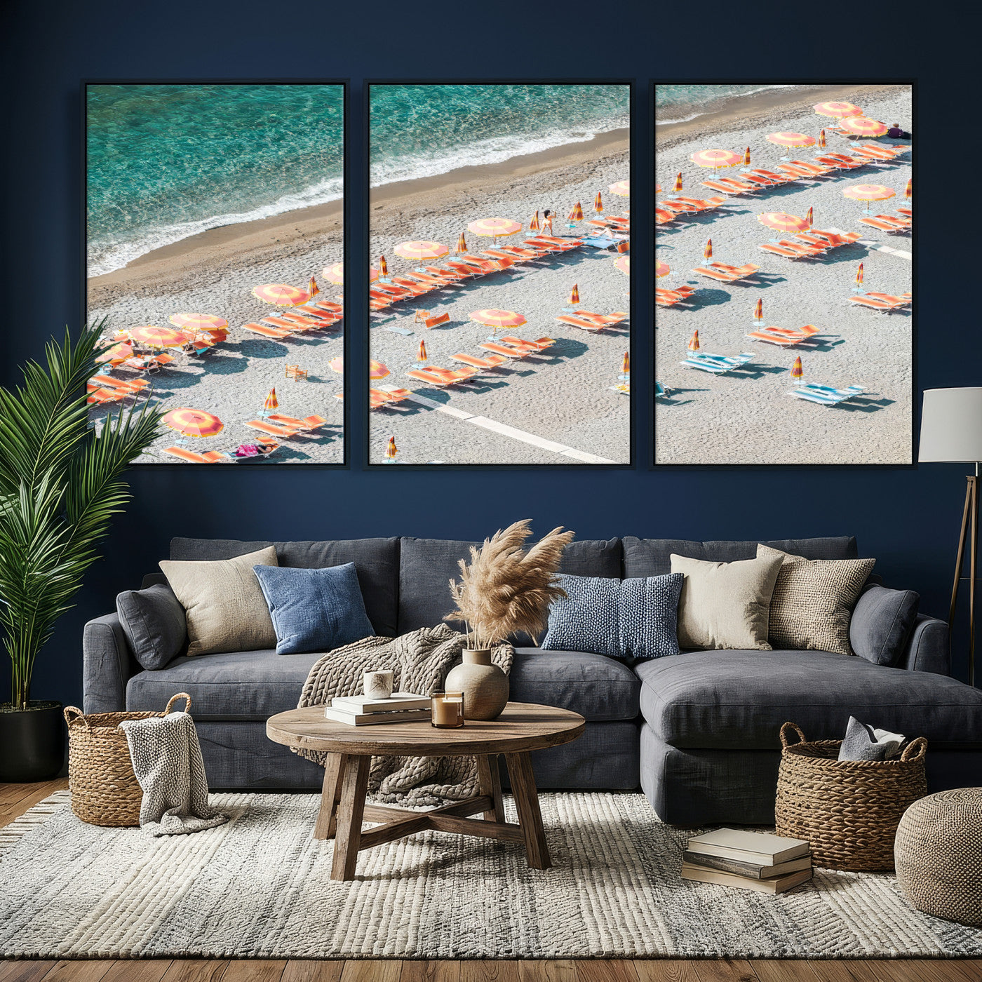 27805351-MGV-CV-36X24 - Beach Umbrellas Wall Art – Orange Loungers & Turquoise Water Canvas Print, Sandy Shore and Summer Vibes
