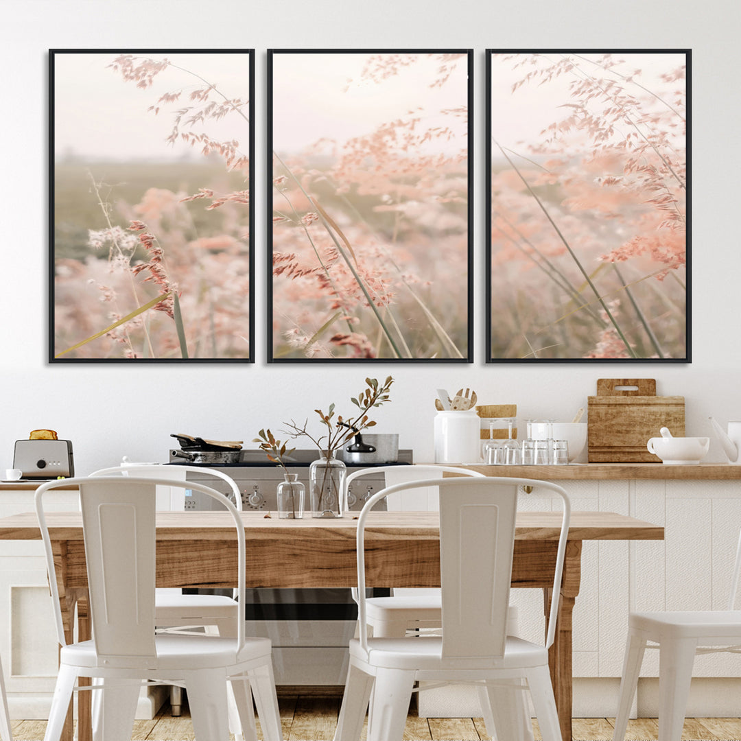 Pastel Grasses Wall Art Canvas Print, Soft Meadow Print, Framed Field in Breeze Art Print, Large Pink Meadow Printing Soft Pastel