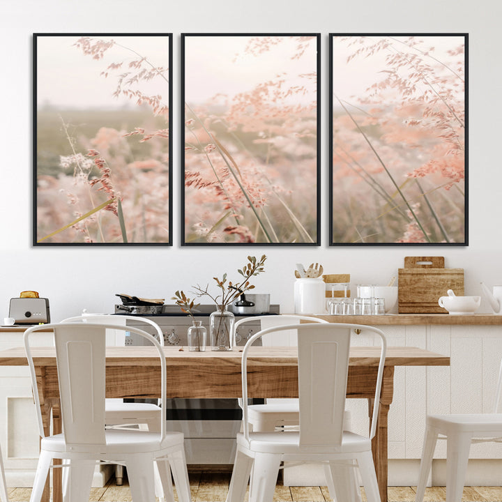 Pastel Grasses Wall Art Canvas Print, Soft Meadow Print, Framed Field in Breeze Art Print, Large Pink Meadow Printing Soft Pastel