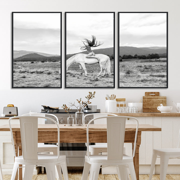 White Horse Wall Art Canvas Print, Woman Rider Print, Framed Equestrian Pose Art Print, Large Grazing Horse Printing Western Boho