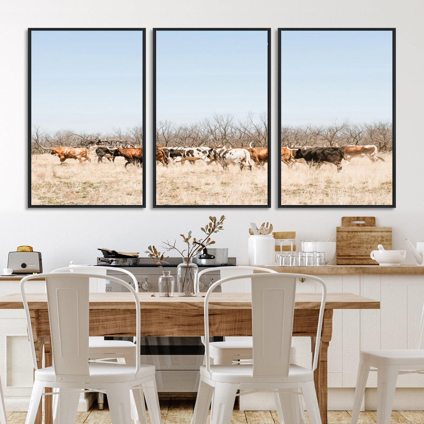 16563092-MGV-FC-60X30-3P_Black-Texas Longhorns Wall Art Canvas Print, Western Cattles Print Wall Art, Framed Rustic Herd Art Print, Large Country Cows Printing Rustic