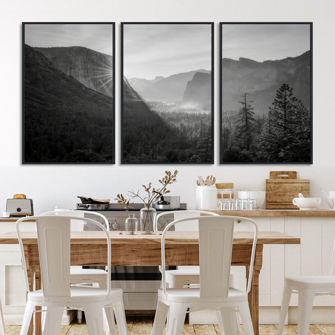 Yosemite Valley Wall Art Canvas Print, El Capitan Sunrise Print, Framed Misty Mountain Art Print, Large Monochrome Valley Printing