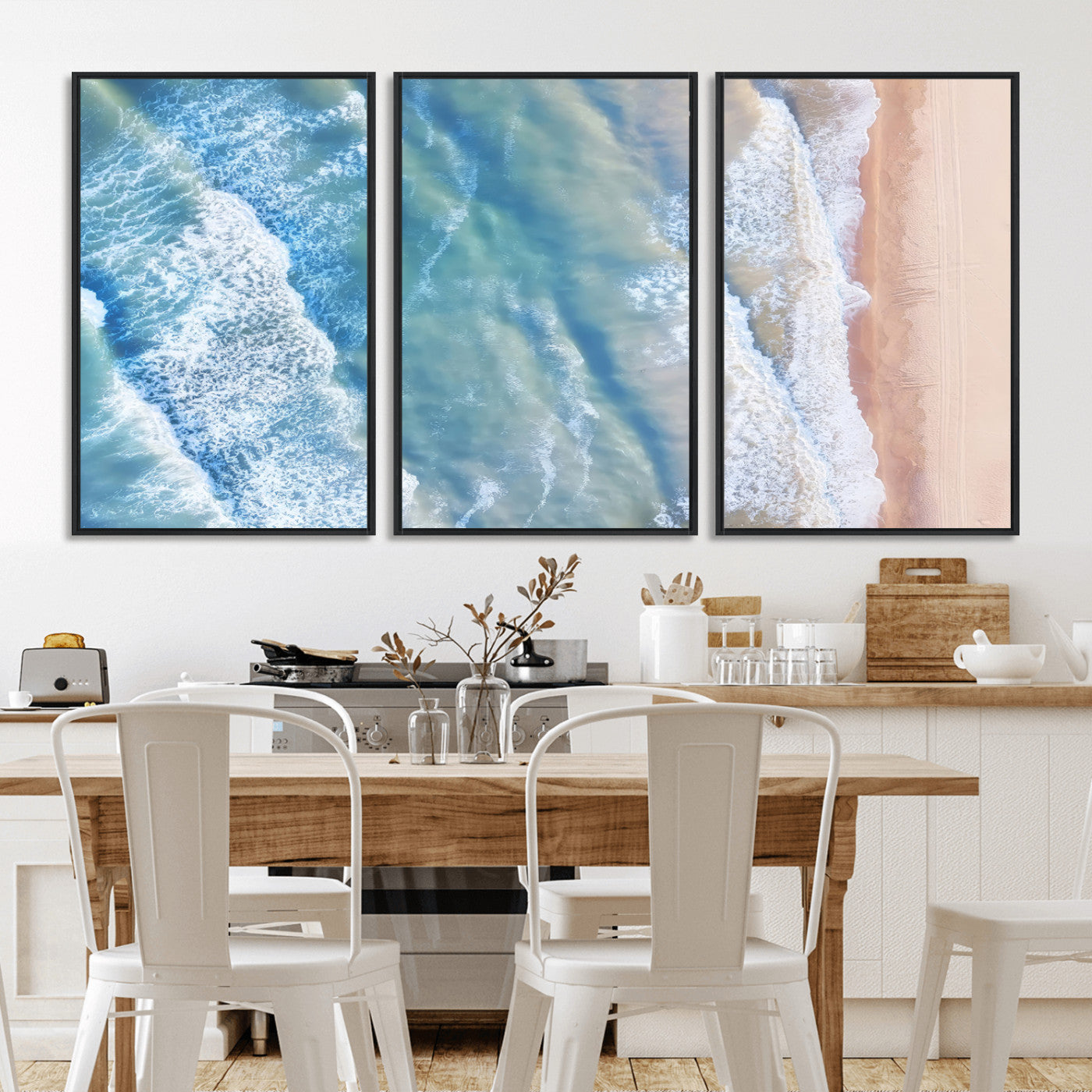 MGV-FC-60X30-3P - Aerial Ocean View Wall Art Canvas Print, Framed Soft Blue Waves Art Picture Print, Sandy Shoreline Perfect Modern Coastal Decor Artwork