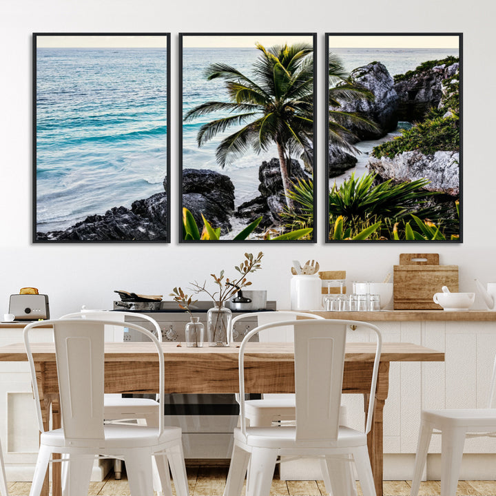 Framed canvas of a vibrant tropical coastline with palm trees, rocky cliffs, and turquoise waters, ideal for tropical coastal home decor.