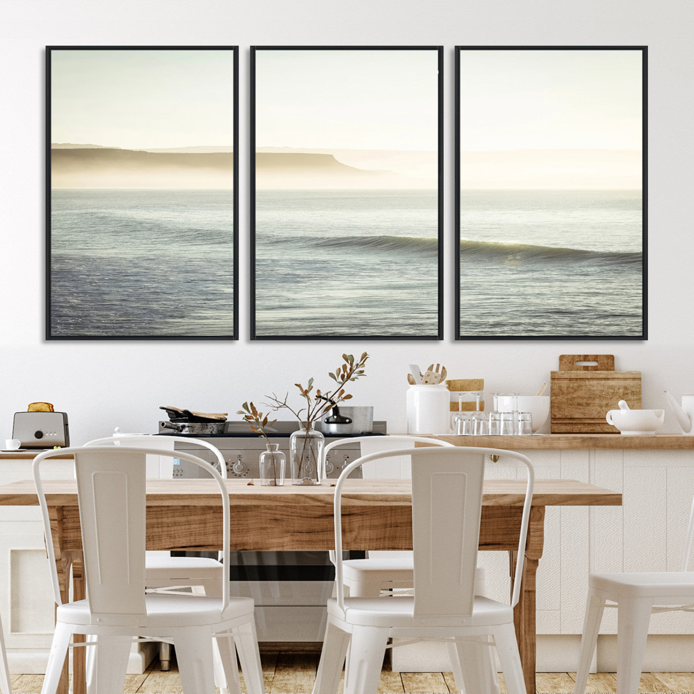 39310633-MGV-FC-60X30-3P-Coastal Cliffs Wall Art Canvas Print, Framed Misty Ocean Art Picture Print, Soft Morning Perfect Minimalistic Decor, Framed Misty Ocean,