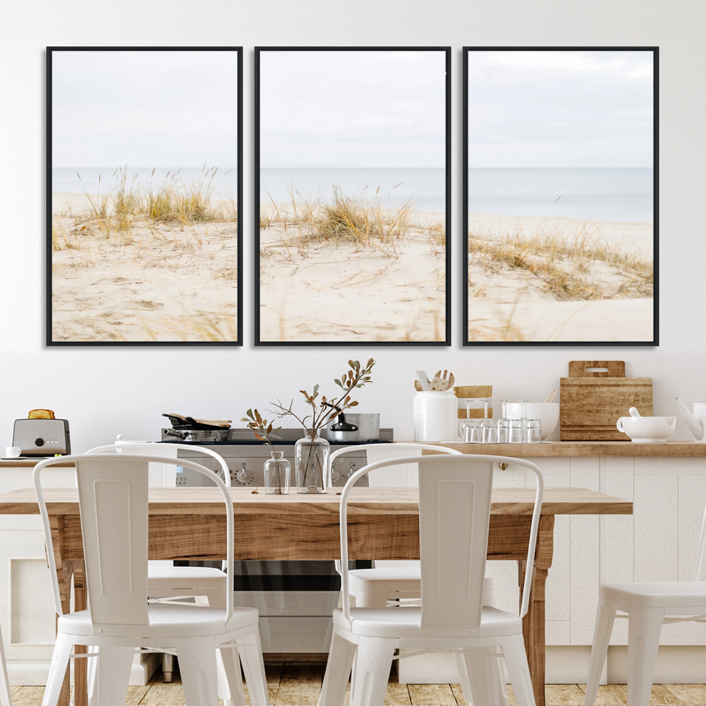 13146857-MGV-FC-60X30-3P-Beach Dunes Wall Art Canvas Print, Framed Coastal Grass Art Picture Print, Sand Perfect Minimalist Decor, Framed Sand Dunes Canvas