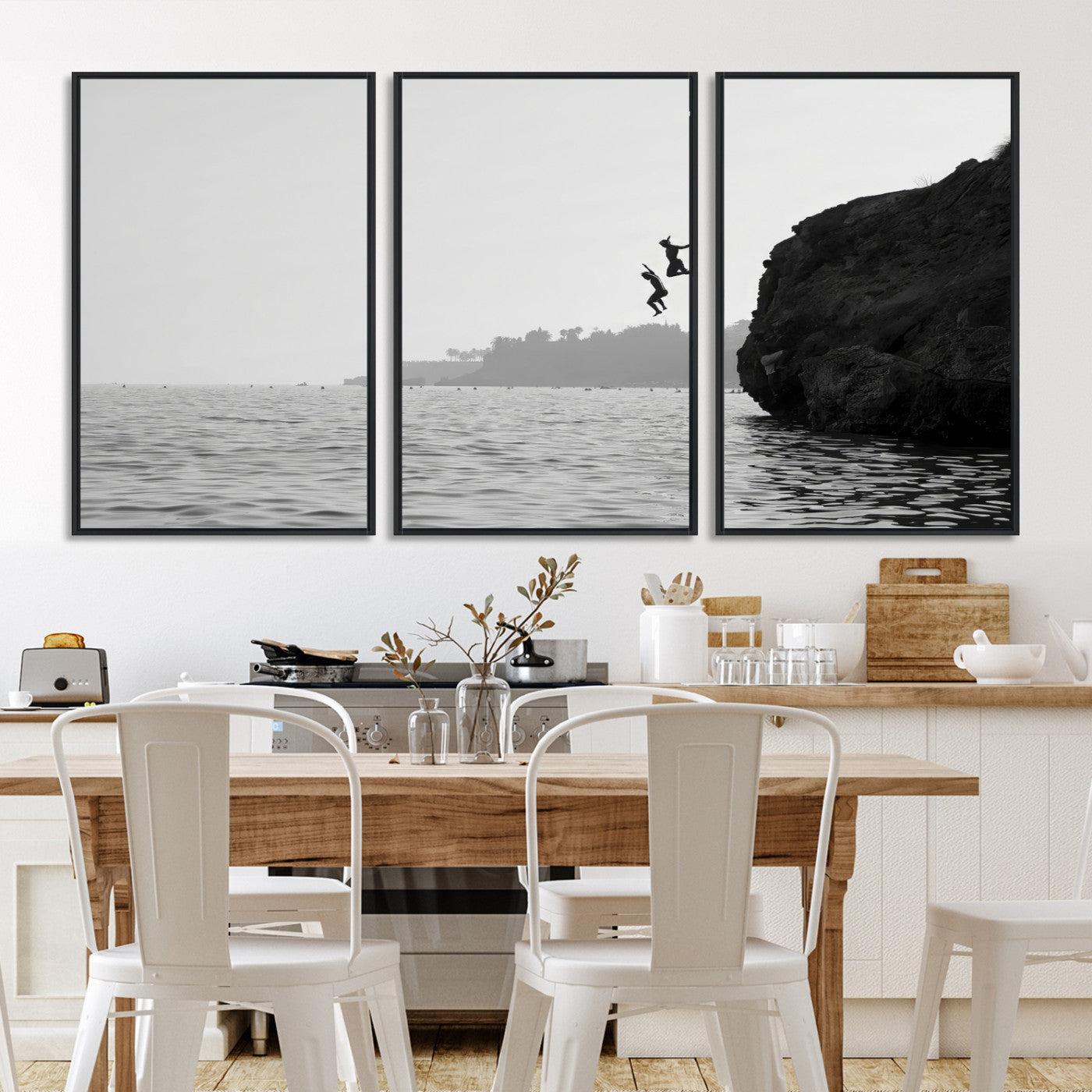 52284302-MGV-FC-60X30-3P-Jumping Wall Art Canvas Print, Framed Ocean Art Picture Print, Coastal Perfect Coastal Decor, Framed Cliff Diving Wall Art