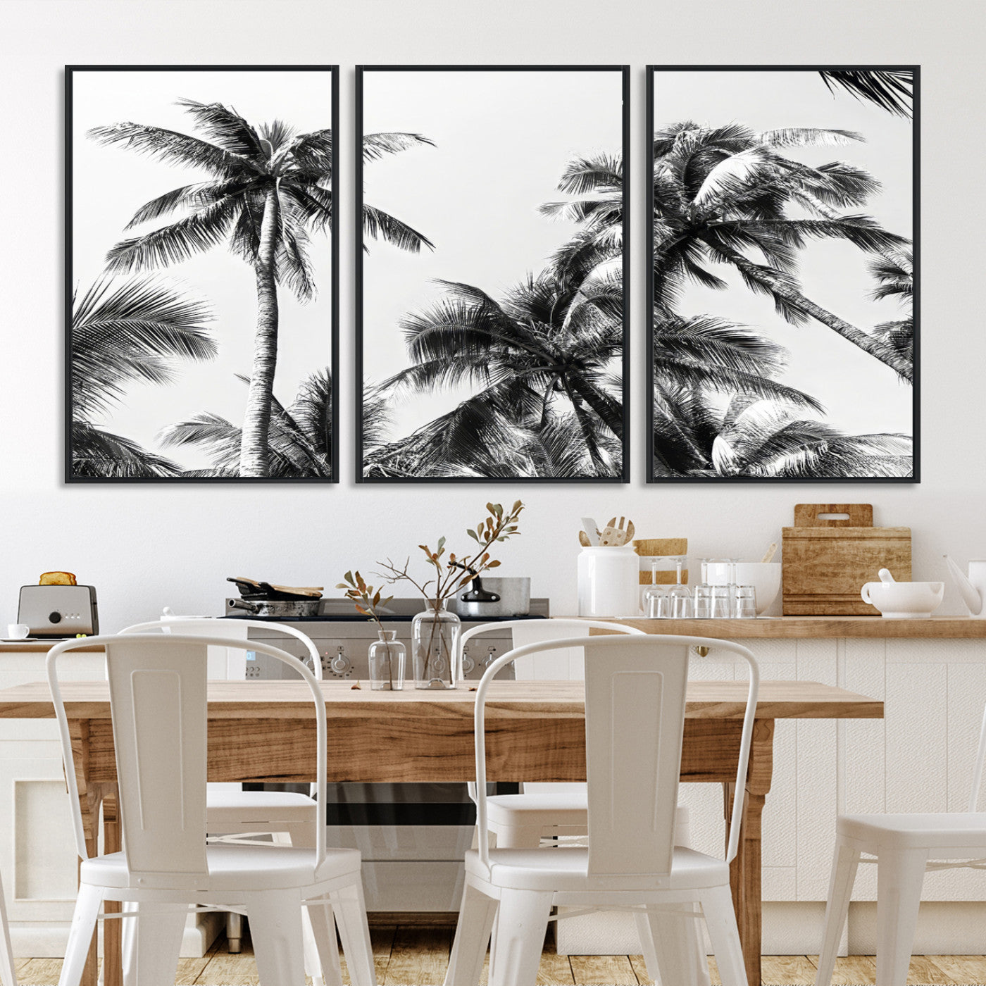 46641801-MGV-FC-60X30-3P-Palm Wall Art Canvas Print, Framed Tropics Art Picture Print, Monochrome Perfect Minimalist Decor