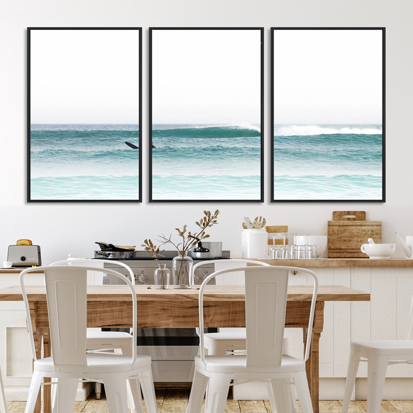 56345117-MGV-FC-60X30-3P-Surfing Wall Art Canvas Print, Framed Ocean Art Picture Print, Waves Perfect Minimalist Decor