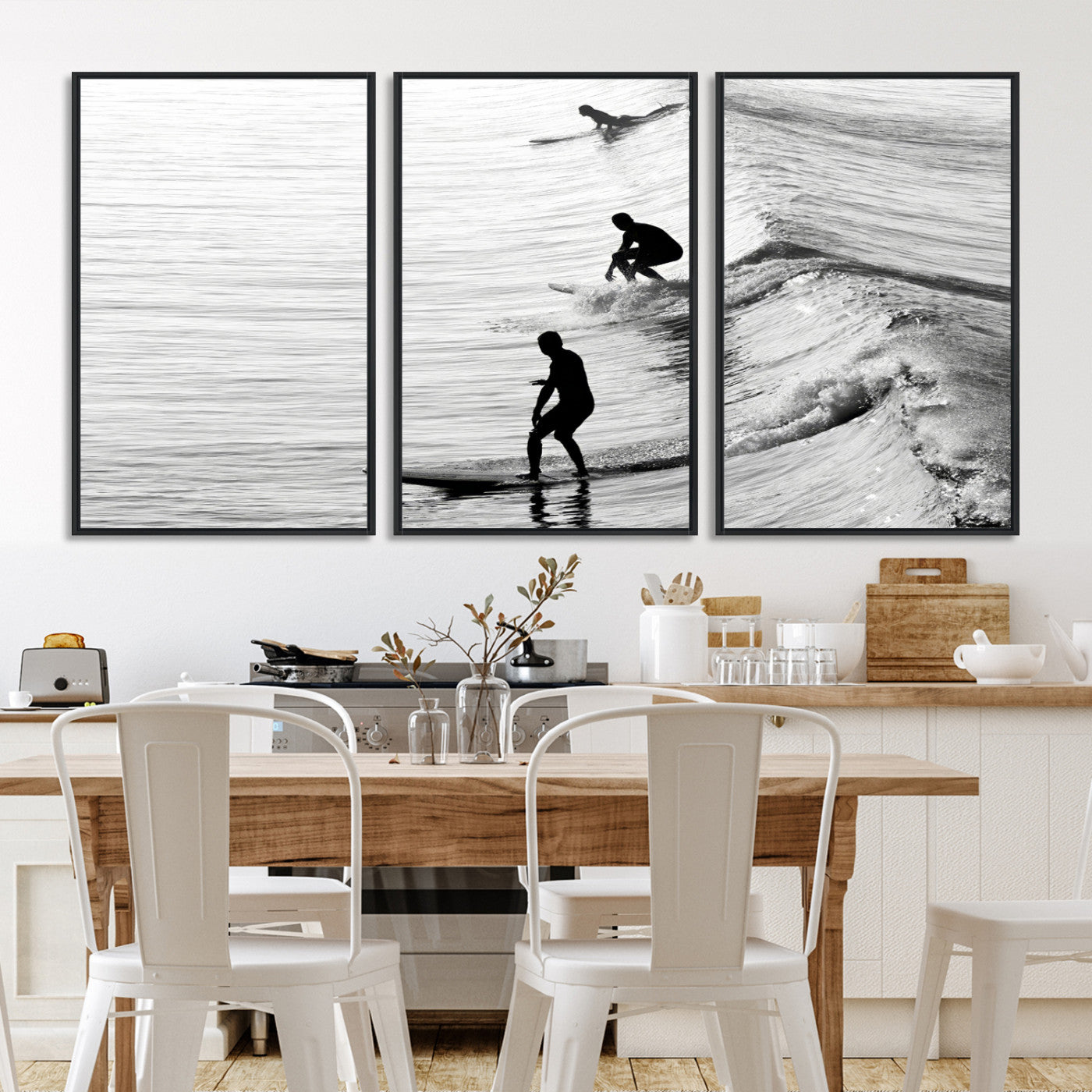 19875284-MGV-FC-60X30-3P-Surfers on Waves Wall Art Canvas Print, Framed Black White Surf Art Picture Print, Monochrome Ocean Perfect Modern Coastal Decor, Surfers on