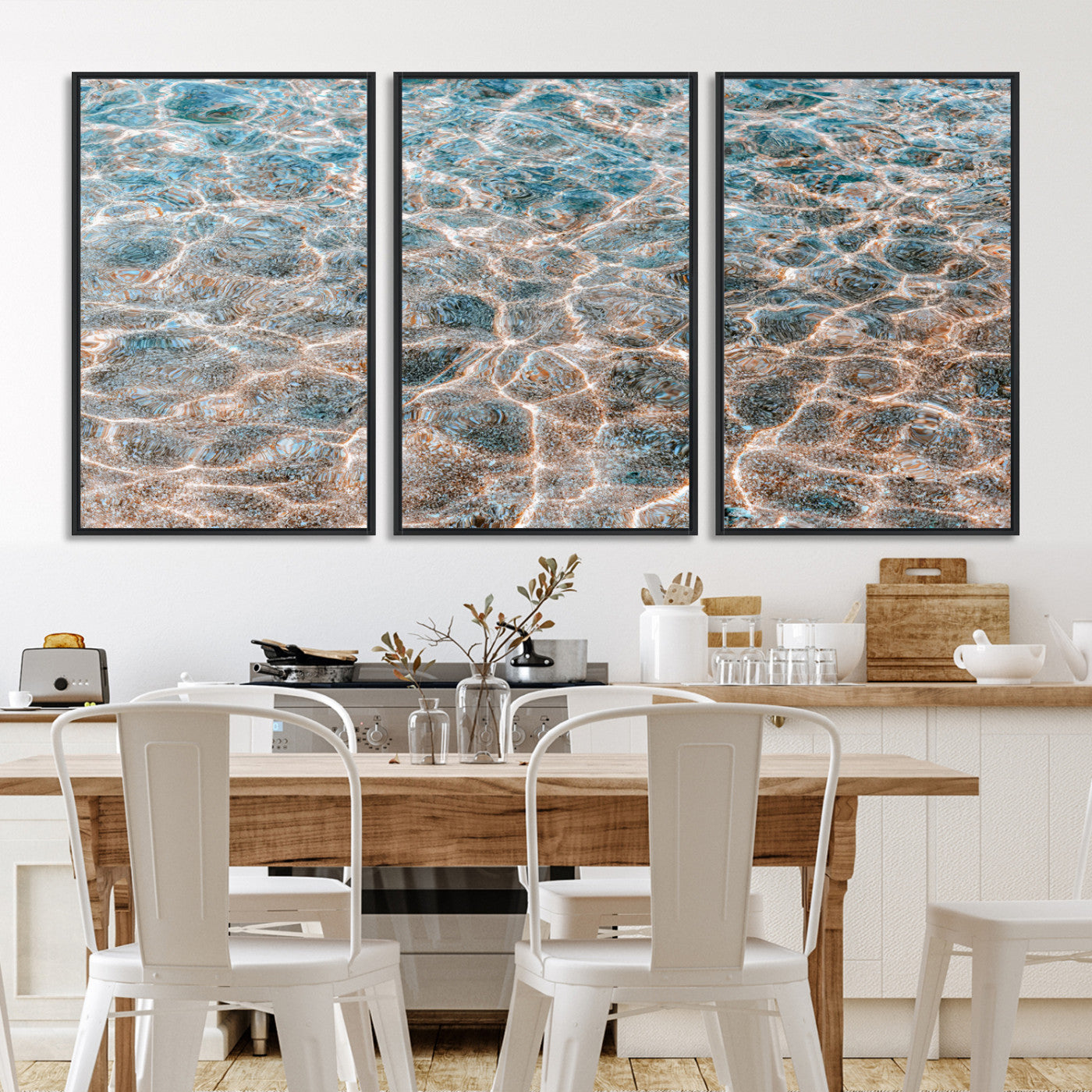 26580287-MGV-FC-60X30-3P-Clear Water Wall Art Canvas Print, Framed Sunlit Ripples Art Picture Print, Ocean Texture Perfect Modern Coastal Decor