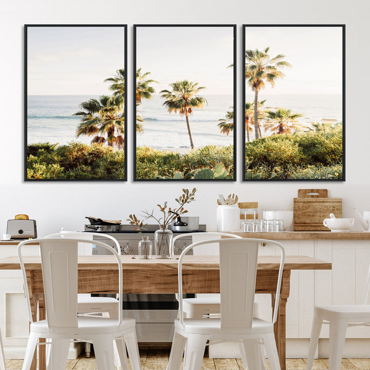 Framed print of sunlit palm trees on the California coast with warm tones, perfect for coastal minimalist or beach-style home decor.