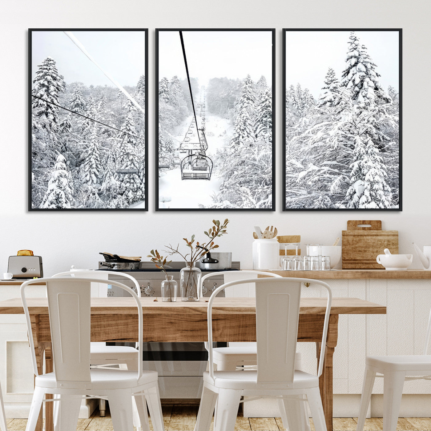 44705668-MGV-FC-60X30-3P-Winter Forest Wall Art Canvas Print, Framed Snowy Forest Art Picture Print, Winter Ski Lift Perfect Scandinavian Minimalist 3/3 Decor