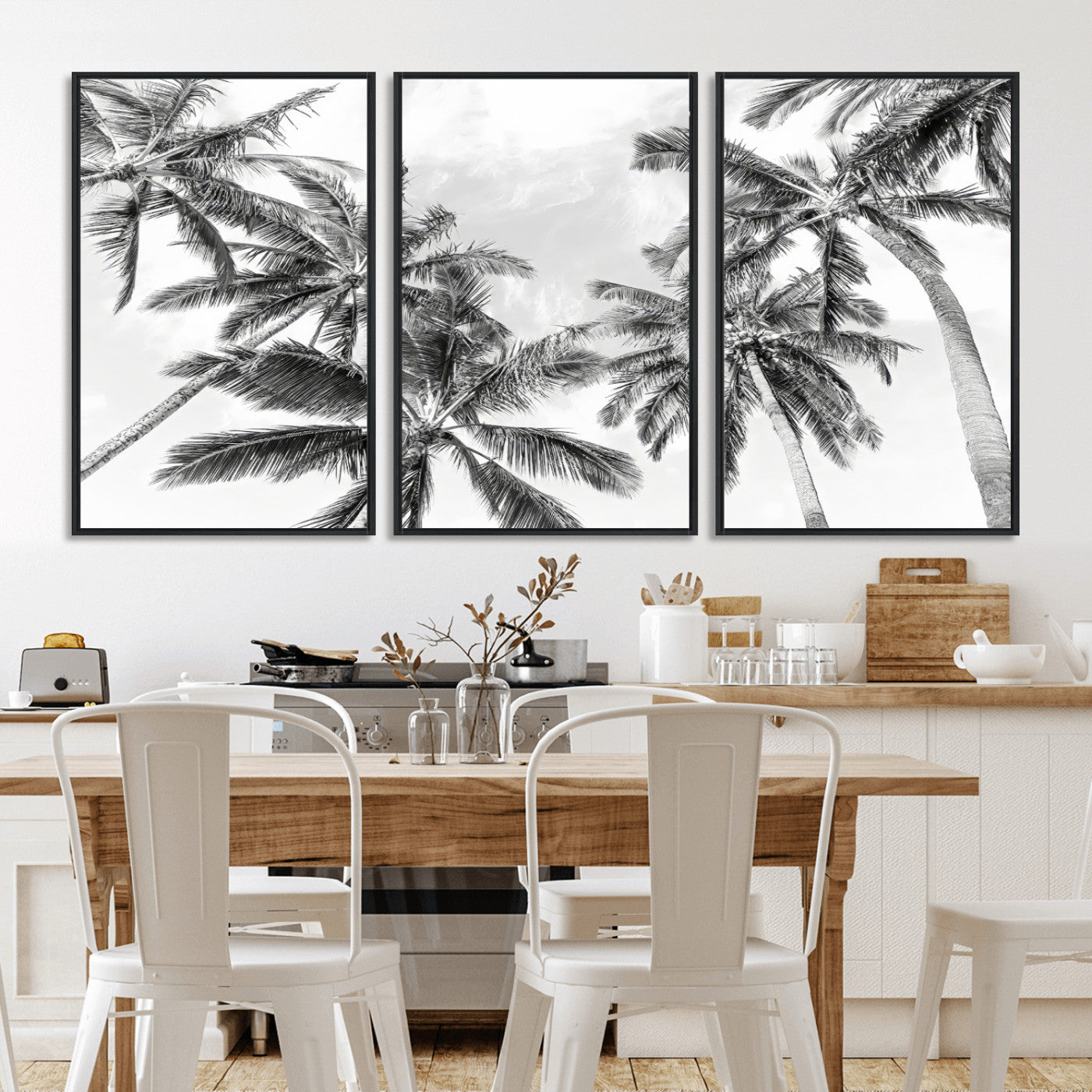MGV-FC-60X30-3P - Black White Palm Wall Art Canvas Print, Framed Monochrome Tropics Art Picture Print, Minimalist Beach Perfect Coastal Minimalist Decor Artwork