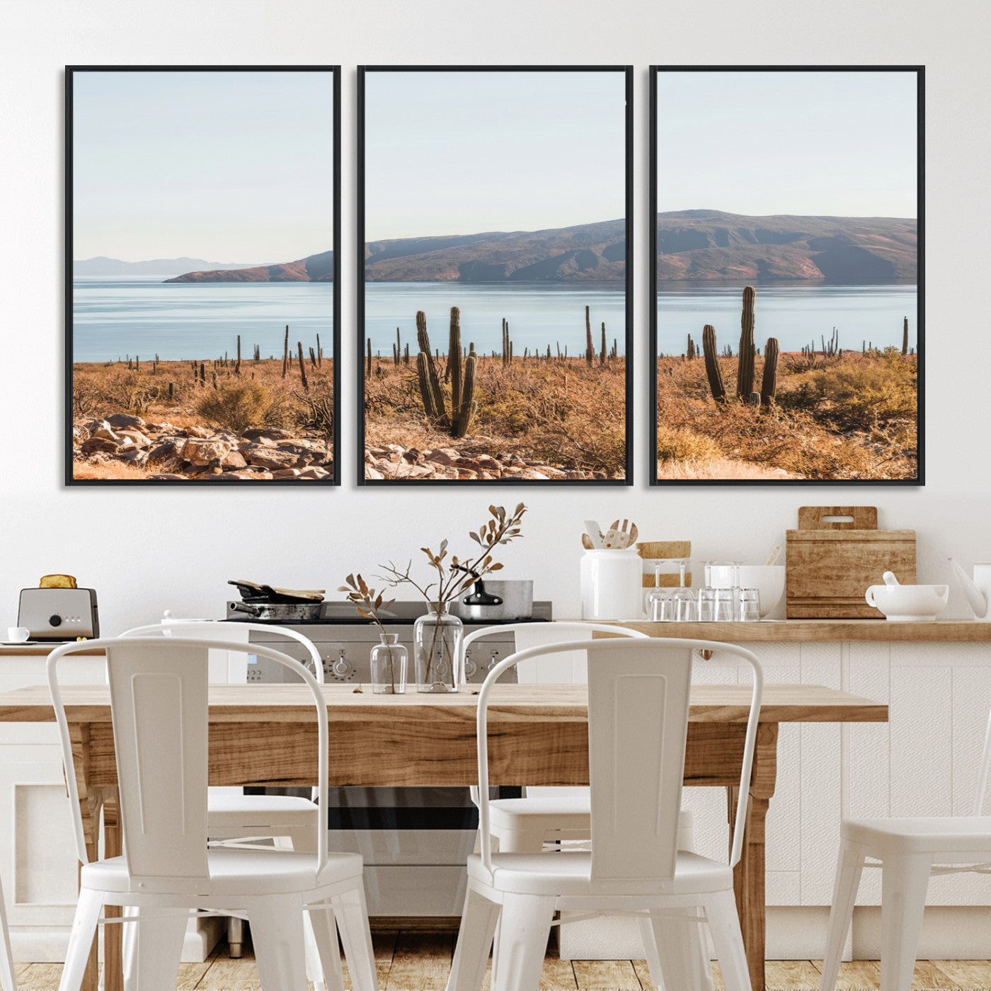 MGV-FC-60X30-3P - Desert Cactus Wall Art Canvas Print, Framed Baja Coastline Art Picture Print, Coastal Desert Perfect Southwestern Minimalist Decor Artwork