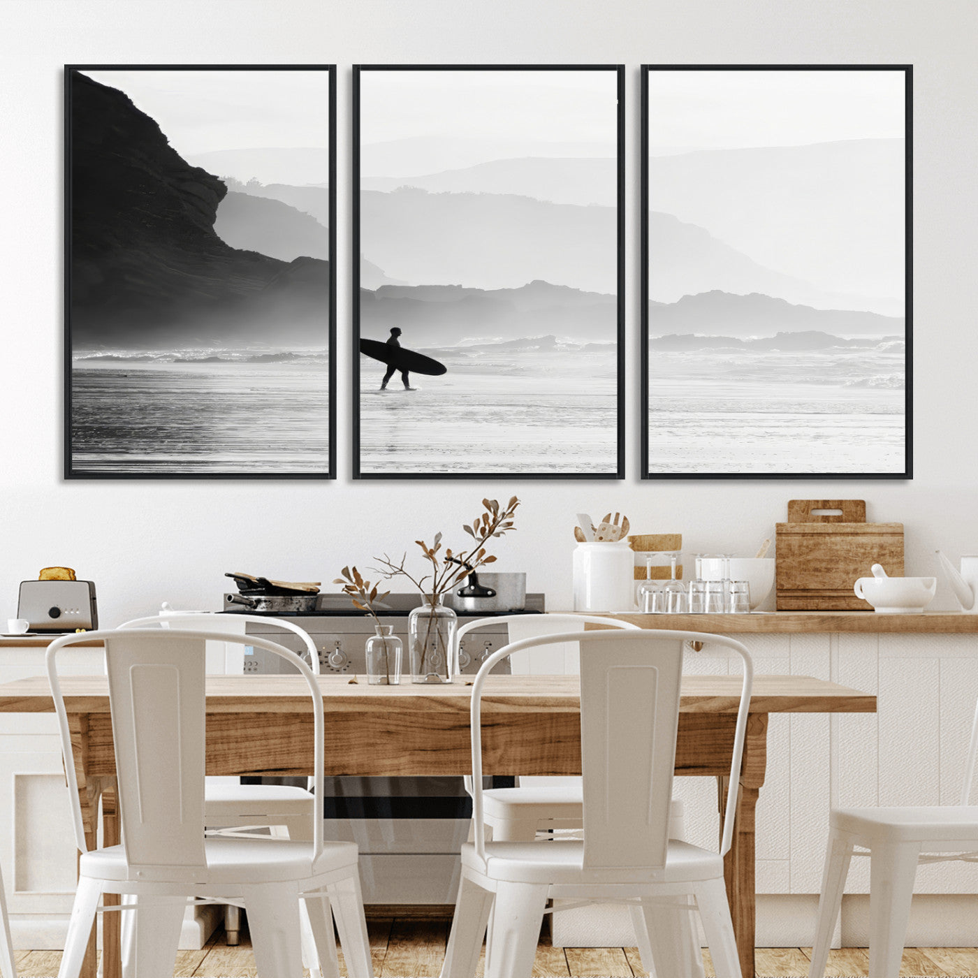 MGV-FC-60X30-3P - Surfer In Fog Wall Art Canvas Print, Framed Moody Shoreline Art Picture Print, Cliffside Waves Perfect Minimalist Coastal Decor Artwork