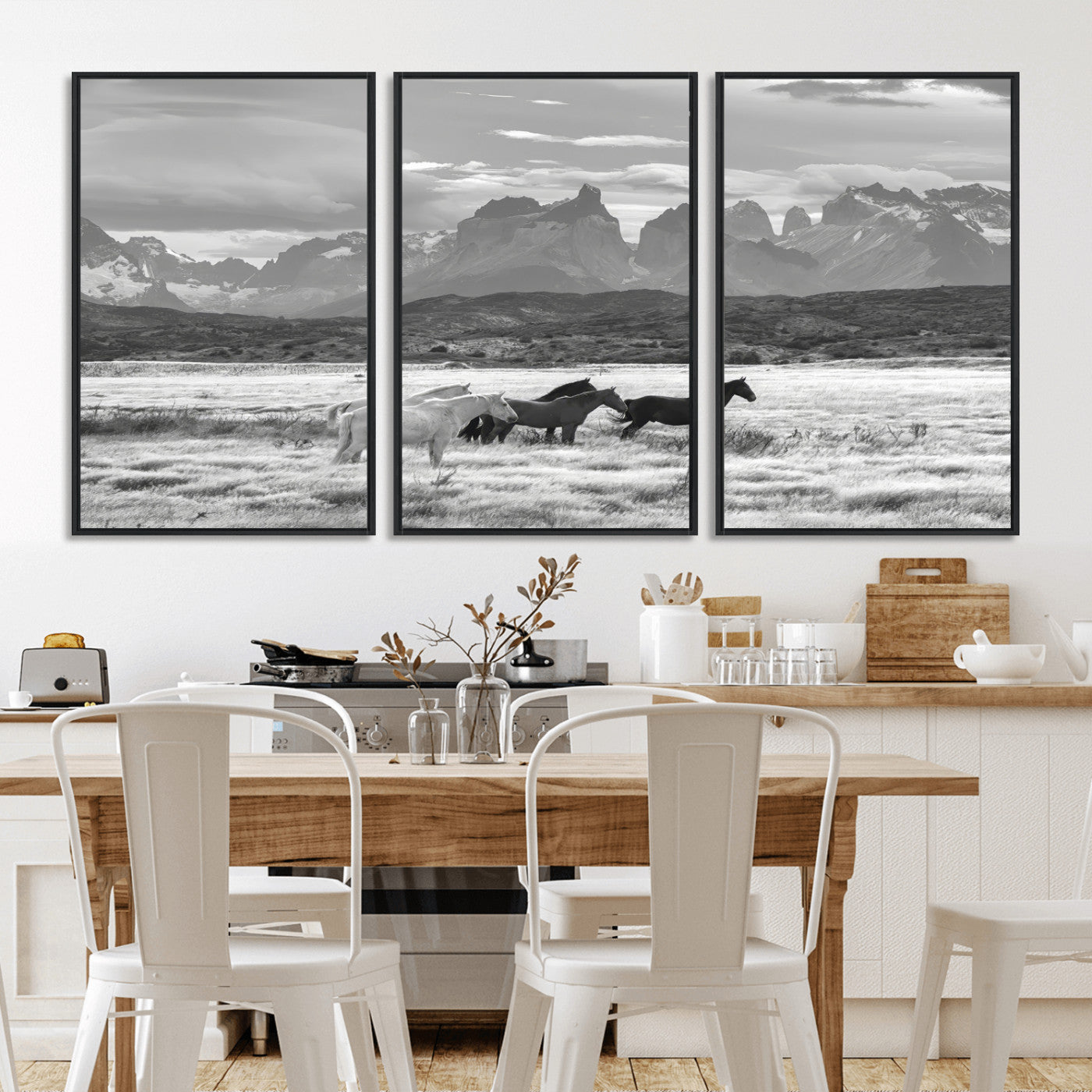 MGV-FC-60X30-3P - Wild Horses Wall Art Canvas Print, Framed Black White Mountains Art Picture Print, Rustic Countryside Perfect Rustic Western Decor Artwork
