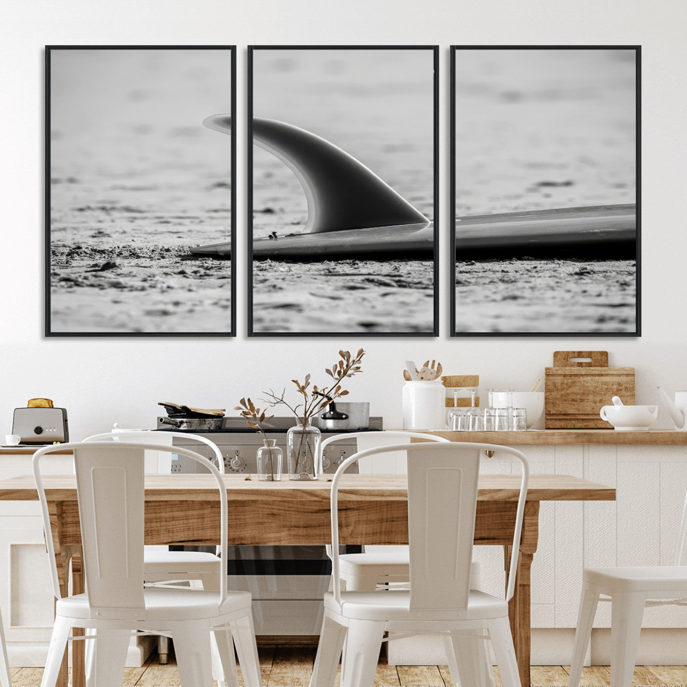 MGV-FC-60X30-3P - Black White Surfboard Wall Art Canvas Print, Framed Minimalist Beach Art Picture Print, Surf Fin Perfect Minimalist Coastal Decor Artwork