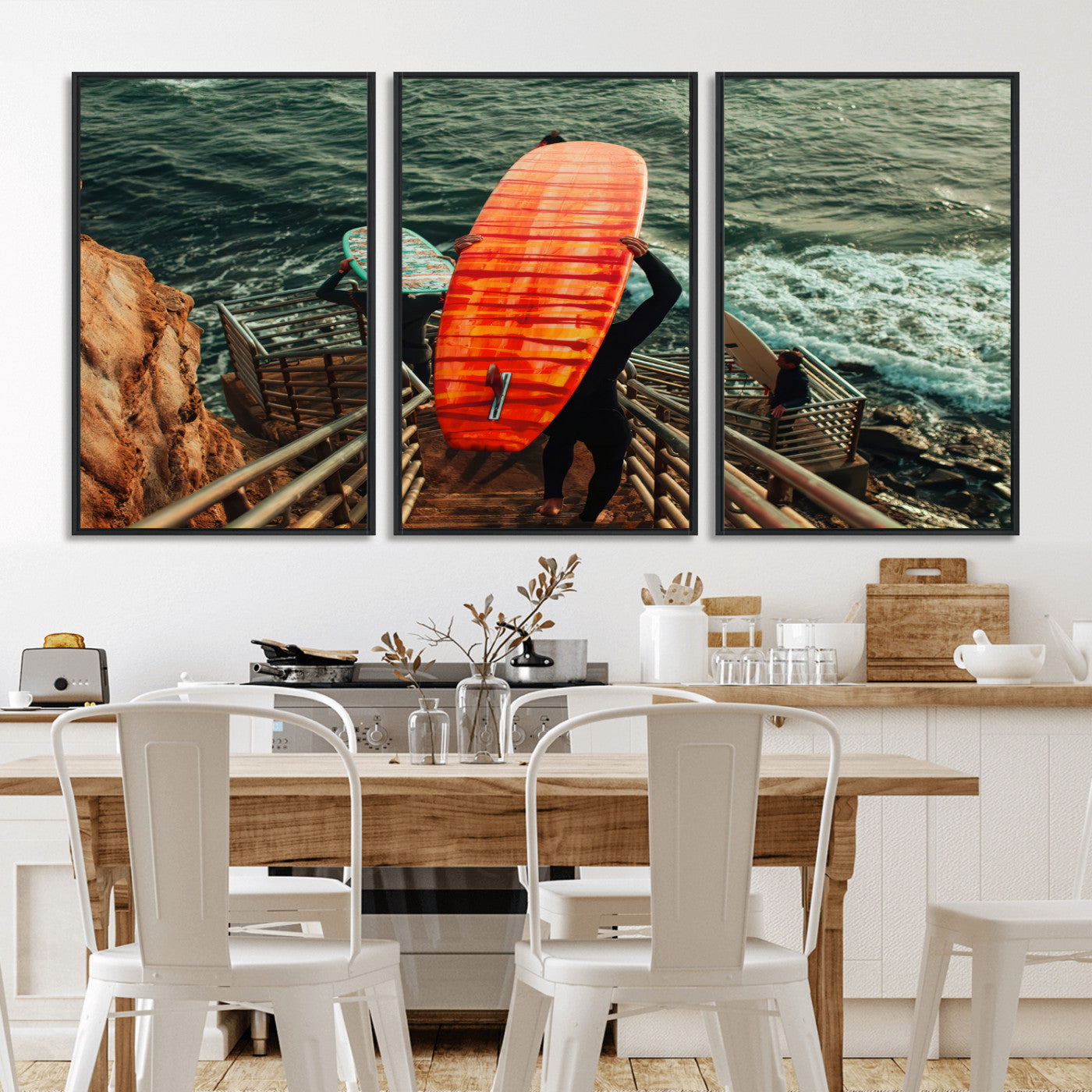 MGV-FC-60X30-3P - Surfer Stairway Wall Art Canvas Print, Framed Ocean Surf Art Picture Print, Sunset Coastal Perfect Coastal Adventure Decor Artwork
