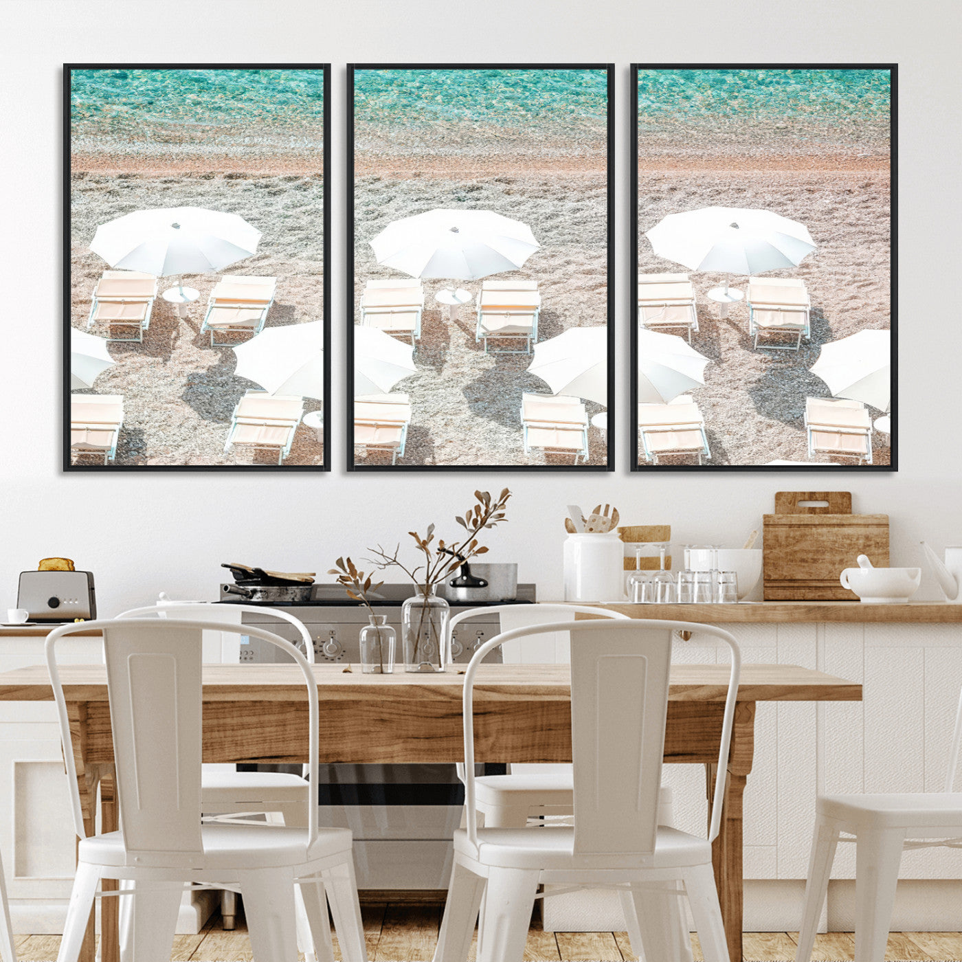 MGV-FC-60X30-3P - Calm Beach Wall Art Canvas Print, Framed Turquoise Water Art Picture Print, Umbrella Shoreline Perfect Coastal Minimalist Decor Artwork