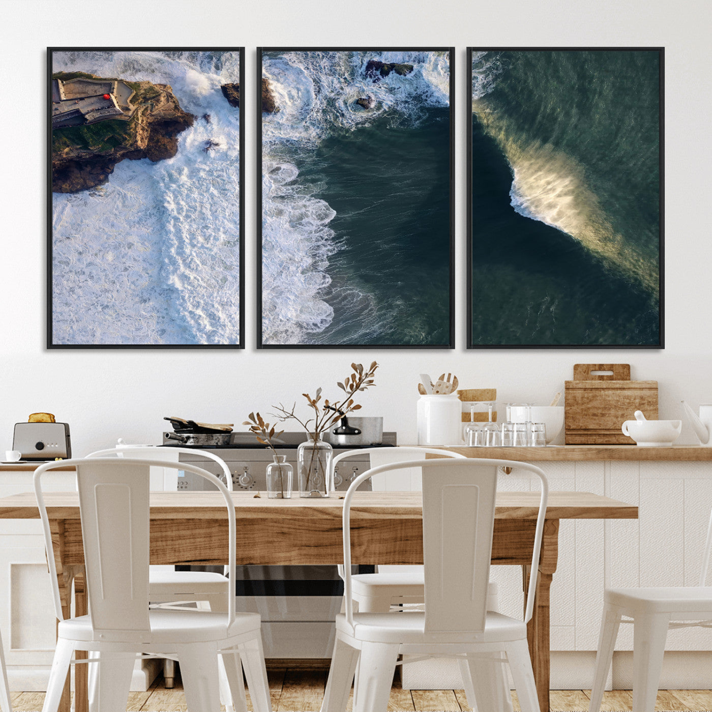 MGV-FC-60X30-3P - Nazaré Coast Wall Art Canvas Print, Framed Aerial Ocean Art Picture Print, Coastal Fortress Perfect Dramatic Coastal Decor Artwork