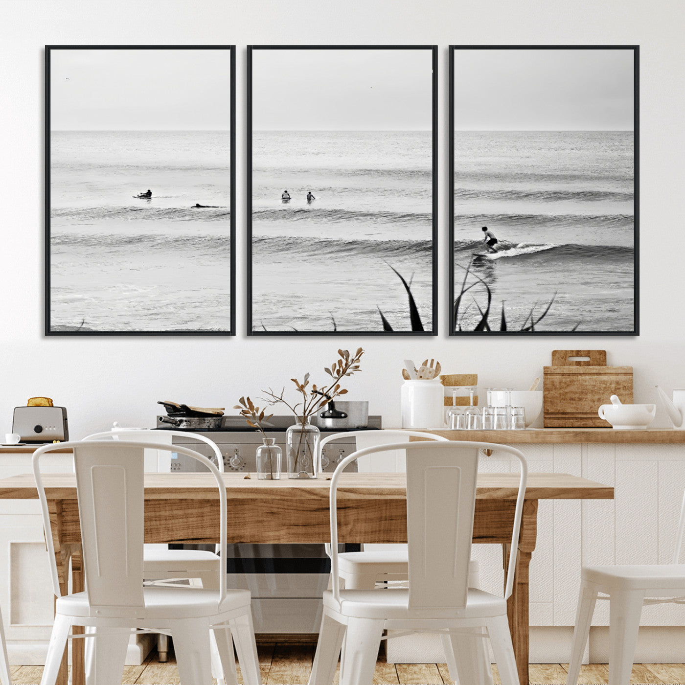 MGV-FC-60X30-3P - Surfer Silhouette Wall Art Canvas Print, Framed Calm Ocean Art Picture Print, Monochrome Surf Perfect Minimalist Coastal Decor Artwork