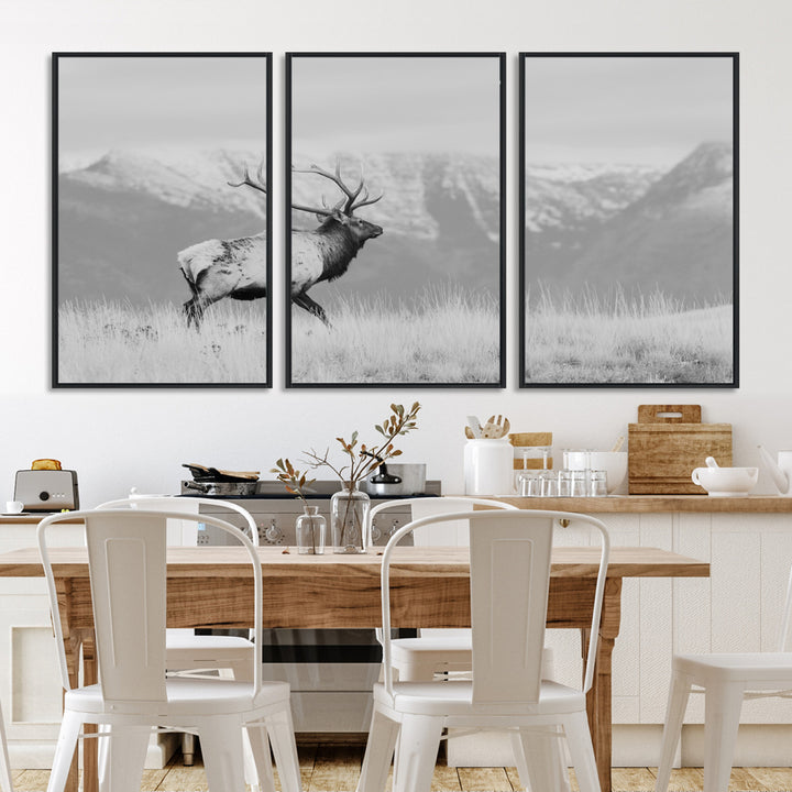 Rustic Elk Wall Art Canvas Print, Wildlife Antler Print, Framed Western Hunting Lodge Art Print, Large Mountain Nature Scene Printing Perfect for Japanese Decor