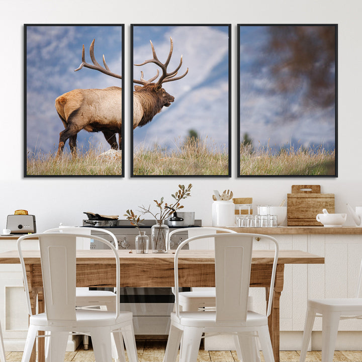 Rustic Elk Wall Art Canvas Print, Wildlife Antler Print, Framed Western Hunting Lodge Art Print