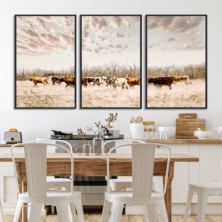 Longhorn Cattle Wall Art Canvas Print, Texas Ranch Print, Framed Western Cow Art Print, Large Prairie Landscape Printing Perfect for Western Decor