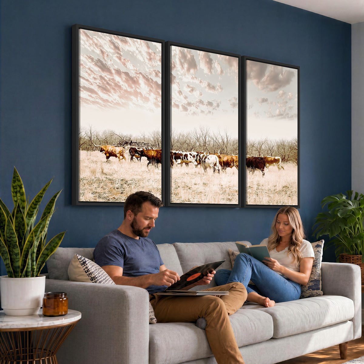 64892775-MGV-CV-24X16 - Longhorn Cattle Wall Art Canvas Print, Framed Texas Ranch Art, Western Cow Print, Prairie Landscape Decor