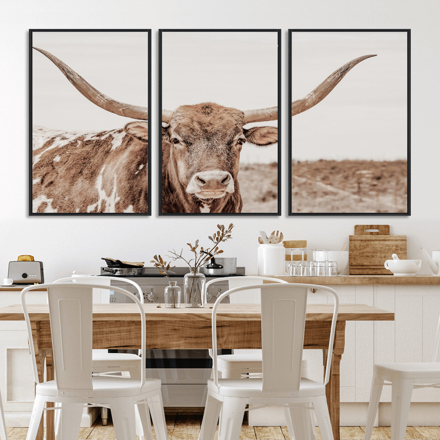 MGV-FC-60X30-3P - Longhorn Cow Wall Art Canvas Print, Framed Texas Ranch Art Picture Print, Western Bull Perfect County Decor Artwork