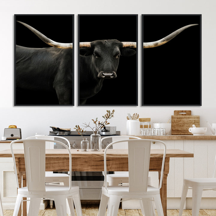 Black White Longhorn Bull Wall Art Canvas Print, Texas Ranch Print, Framed Western Cow Art Print for Farmhouse Decor - Longhorn Print