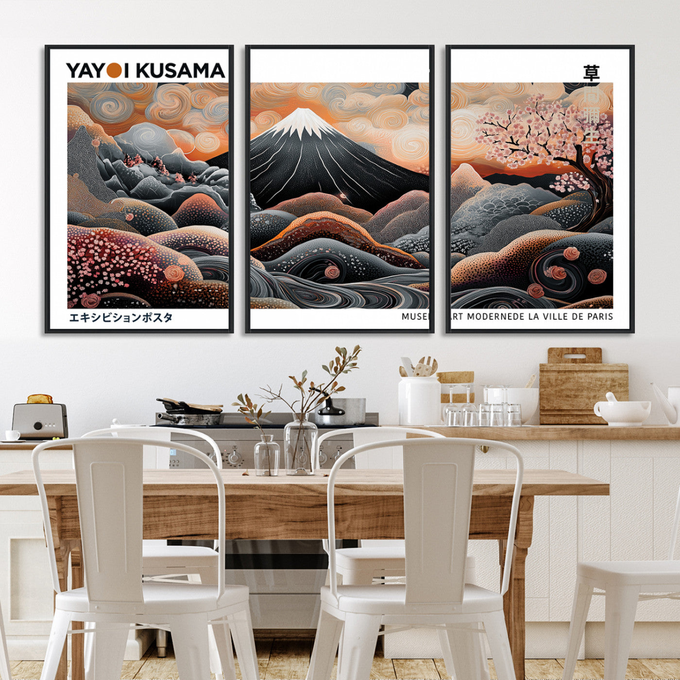 63125329-MGV-FC-60X30-3P-Yayoi Kusama Wall Art Canvas Print, Framed Contemporary Dot Art Picture Print, Japanese Style Perfect Japanese Decor