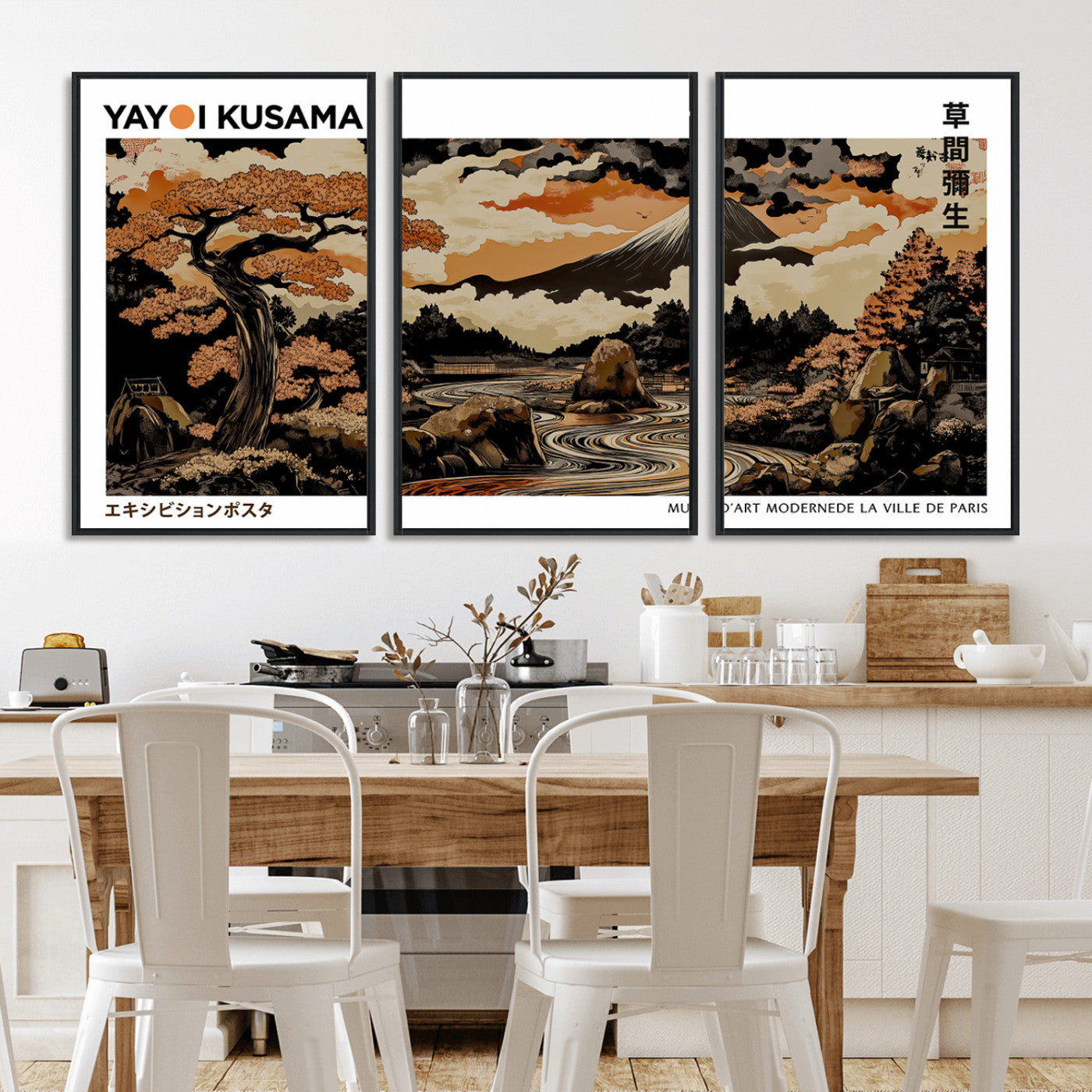 MGV-FC-60X30-3P - Modern Japanese Wall Art Print Yayoi Kusama Canvas Wall Art Abstract Mount Fuji Canvas Print