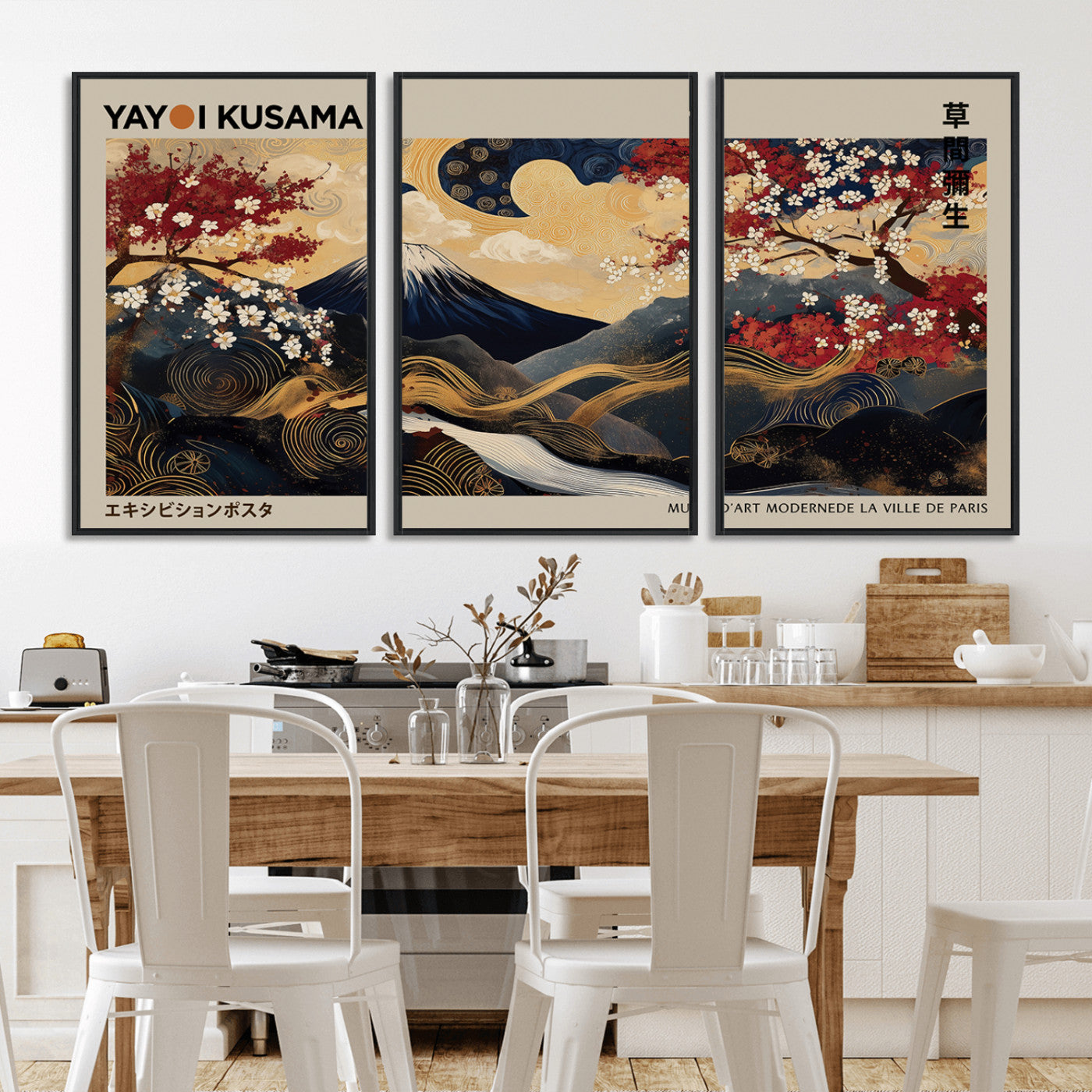 MGV-FC-60X30-3P - Modern Japanese Wall Art, Yayoi Kusama Japanese Print Wall Art, Abstract Mount Fuji Canvas Print,
