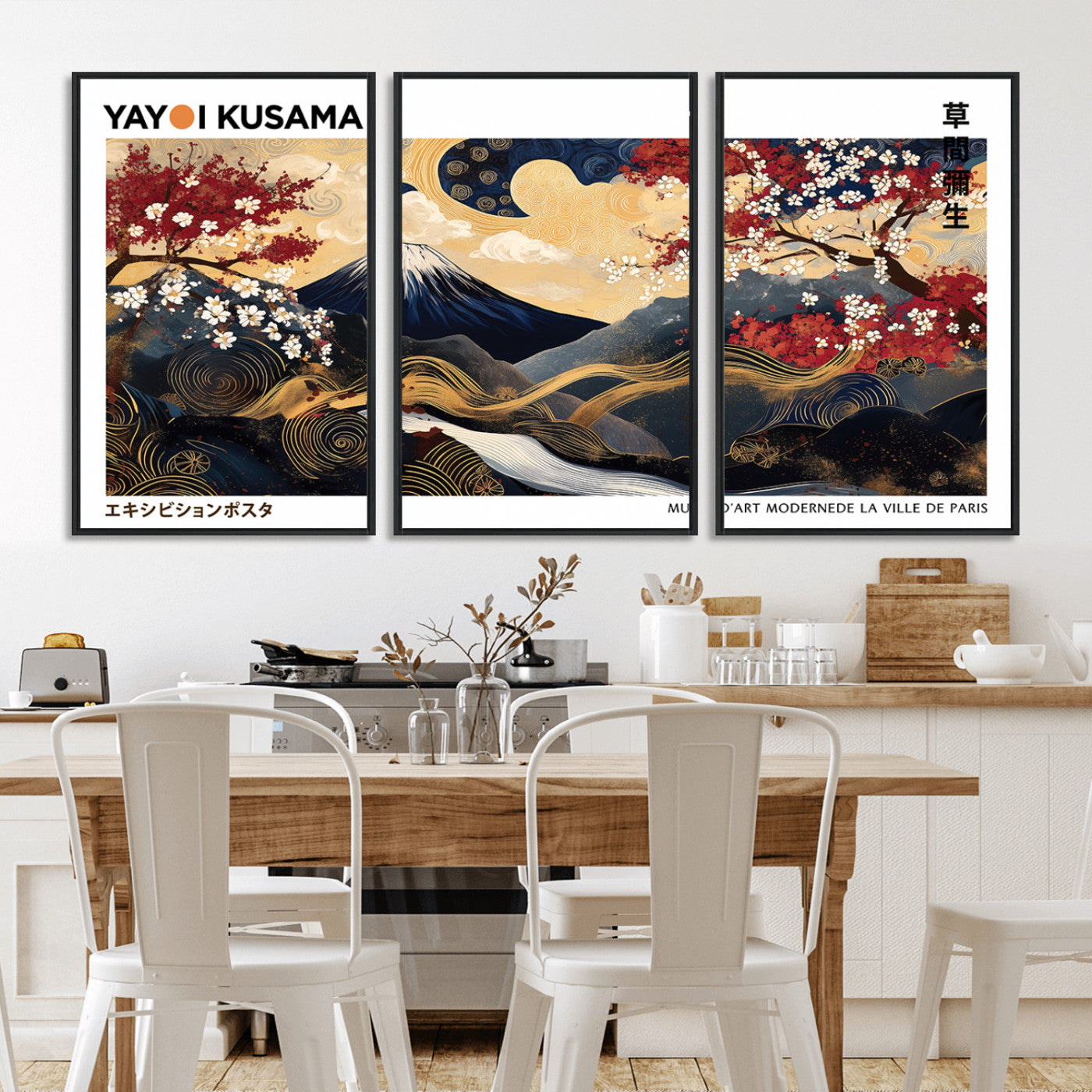 MGV-FC-60X30-3P - Modern Mount Fuji Print, Yayoi Kusama Canvas Wall Art, Abstract Mount Fuji Canvas Print, Japanese