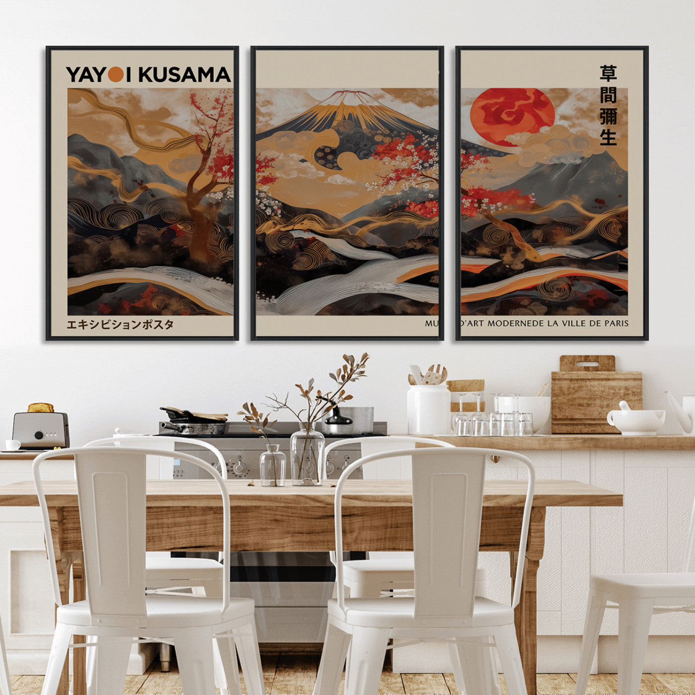 MGV-FC-60X30-3P - Modern Japanese Wall Art Print Yayoi Kusama Canvas Wall Art Abstract Mount Fuji Canvas Print