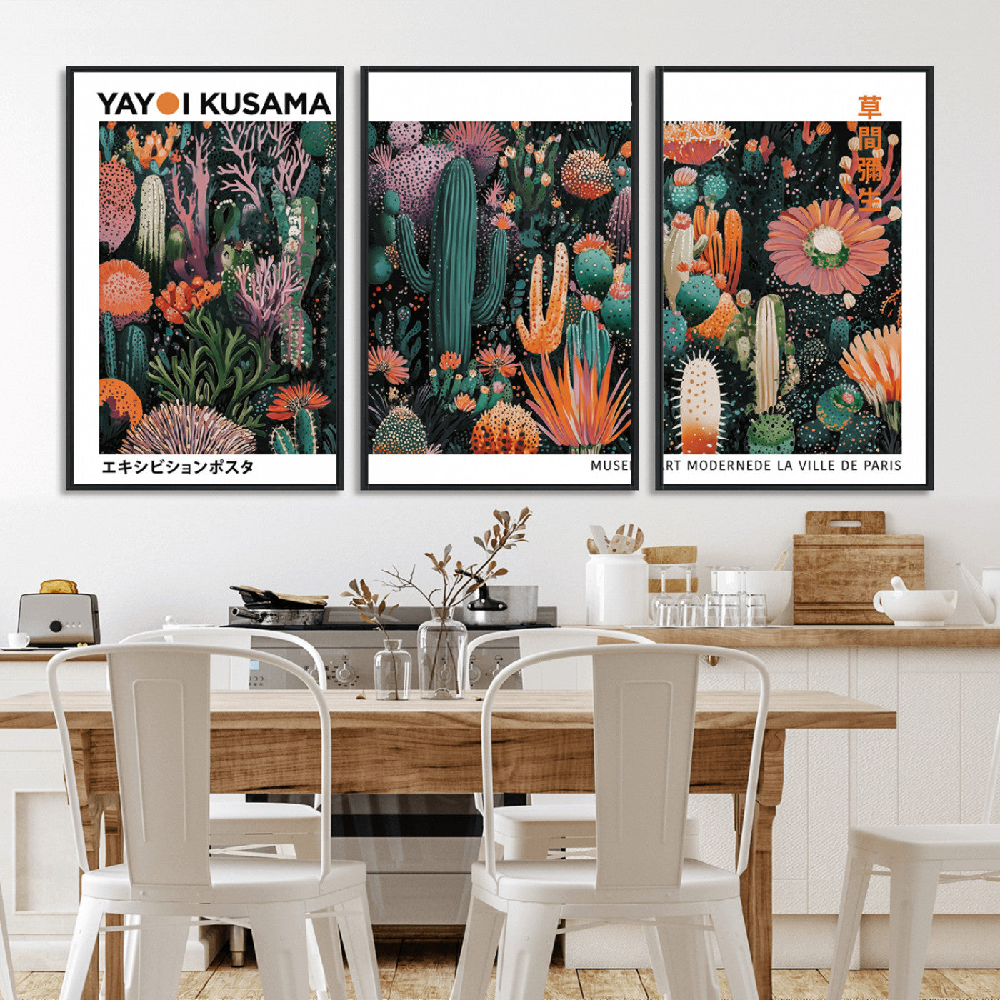 MGV-FC-60X30-3P - Modern Japanese Wall Art Print, Yayoi Kusama Print Wall Decor, Abstract Mount Fuji Canvas Print,