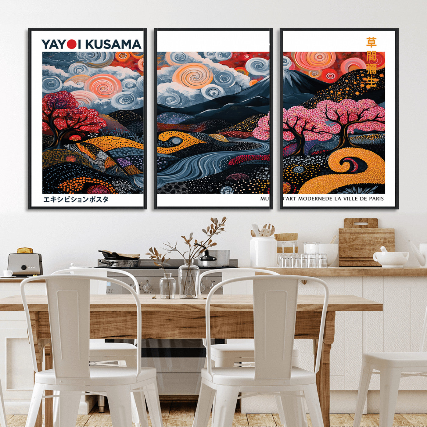 MGV-FC-60X30-3P - Modern Japanese Wall Art Print Yayoi Kusama Canvas Wall Art Abstract Mount Fuji Canvas Print