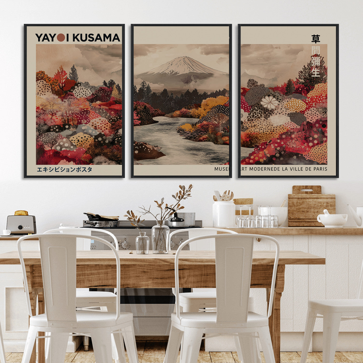 MGV-FC-60X30-3P - Modern Japanese Wall Art Print Yayoi Kusama Canvas Wall Art Abstract Mount Fuji Canvas Print