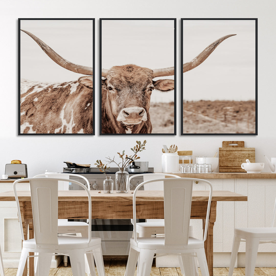 Longhorn Bull Photo Wall Art Canvas Print, Framed Rustic Cow Art Picture Print, Neutral Farmhouse Perfect Rustic Neutral Farmhouse Decor