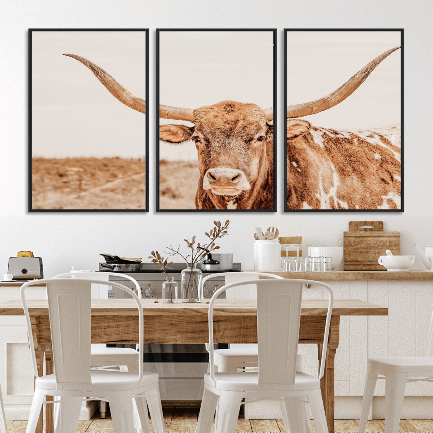 MGV-FC-60X30-3P - Longhorn Bull Wall Art Canvas Print, Framed Western Cow Art Picture Print, Rustic Farmhouse Perfect Neutral Farmhouse Decor Artwork