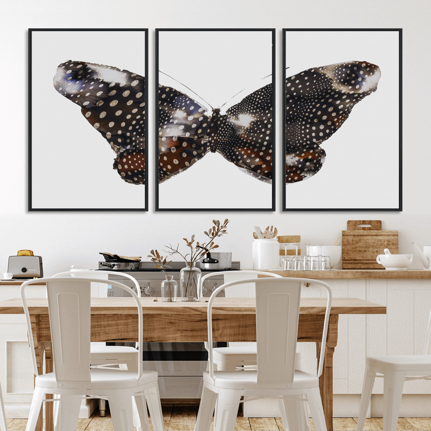 MGV-FC-60X30-3P - Spotted Butterfly Wall Art Canvas Print, Framed Neutral Insect Theme Art Picture Print, Earthy Wing Pattern Perfect Modern Rustic Decor Artwork