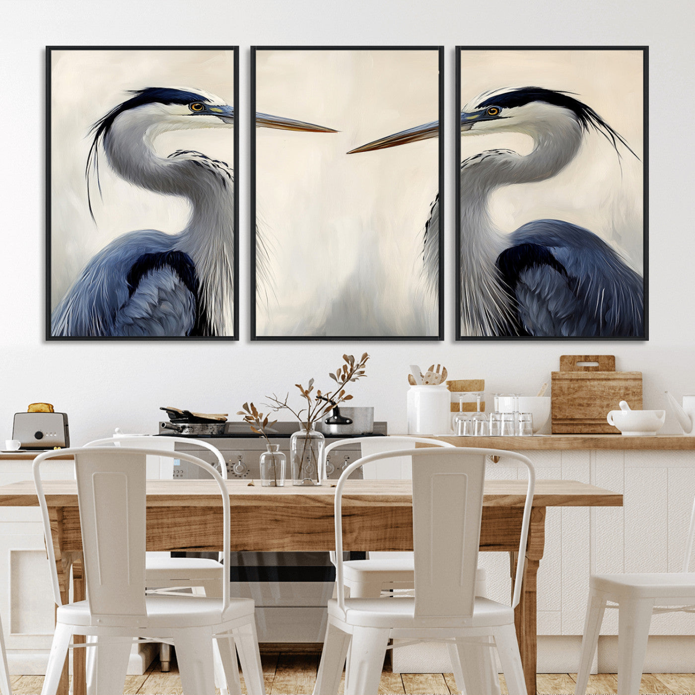 MGV-FC-60X30-3P - Blue Heron Pair Wall Art Canvas Print, Framed Coastal Bird Theme Art Picture Print, Tranquil Wildlife Scene Perfect Coastal Minimalist Decor Artwork